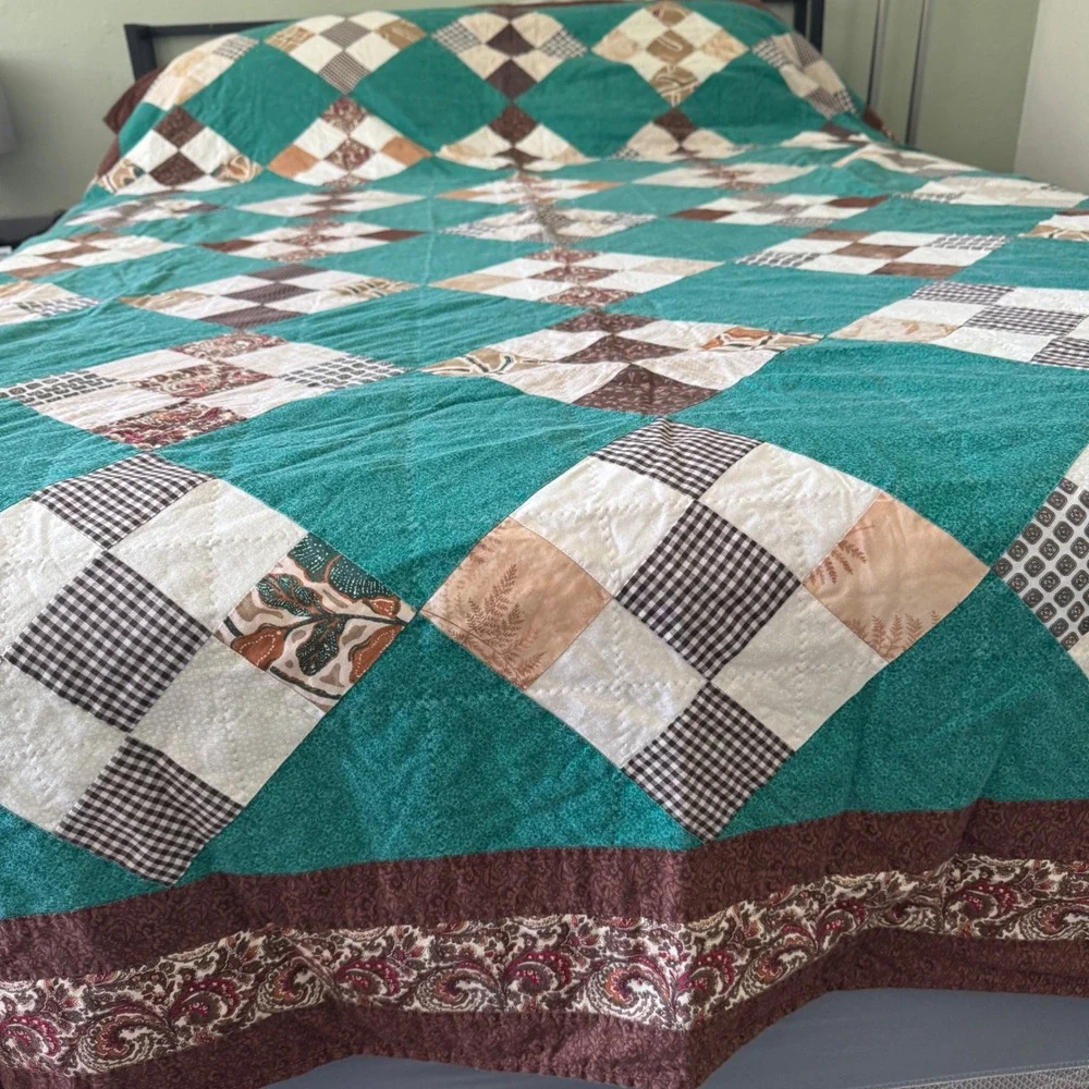 Handmade Patchwork Quilt Teal Brown Paisley Reversible Queen King 78x102